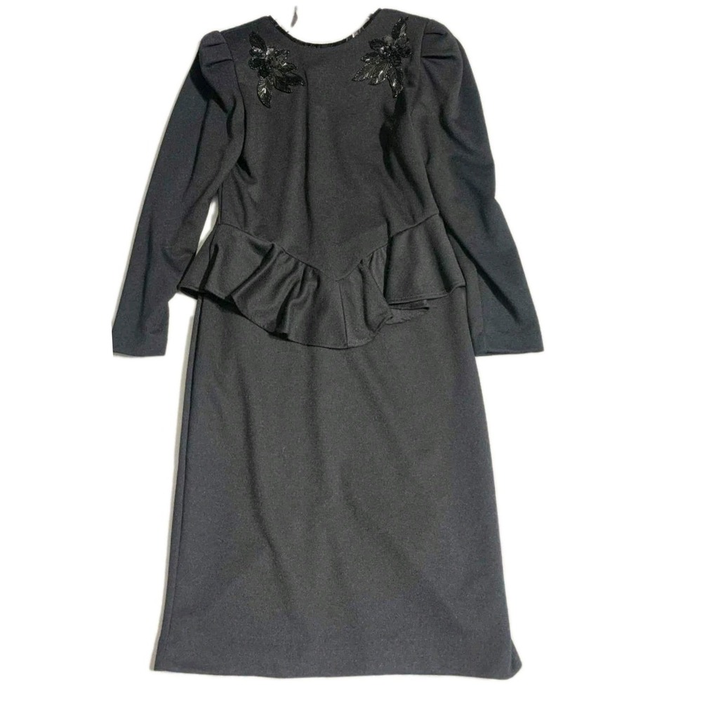 J.S.J. Peplum Dress Women 5/6 Black Sequin Beaded Vintage 80s Cocktail Goth Glam